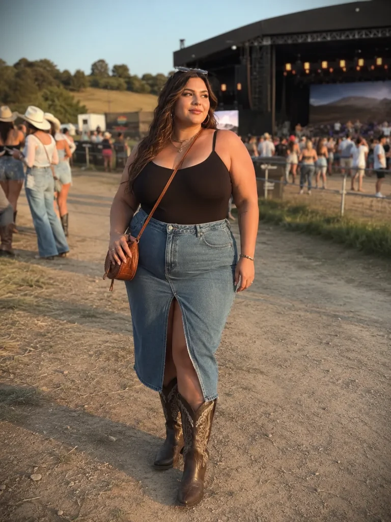 Plus size country concert outfit with denim midi skirt, bodysuit, western boots, and crossbody bag