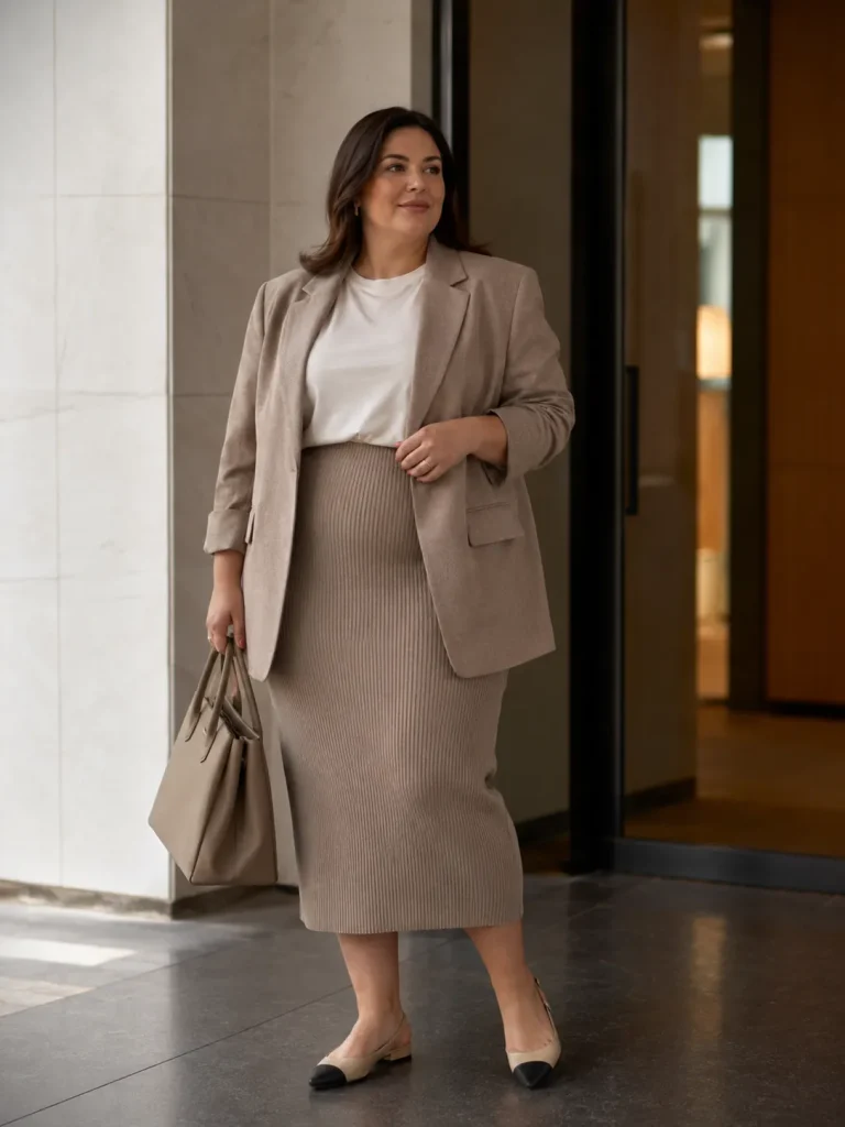 Plus size work outfit with knit pencil skirt, soft tee, blazer, slingback flats, and work bag.
