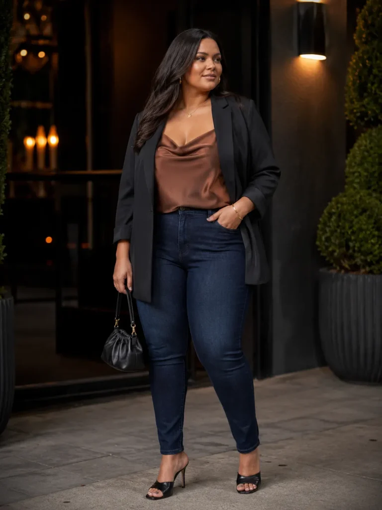 Plus size date night outfit with dark jeans, satin cami, relaxed blazer, heeled mules, and mini bag.