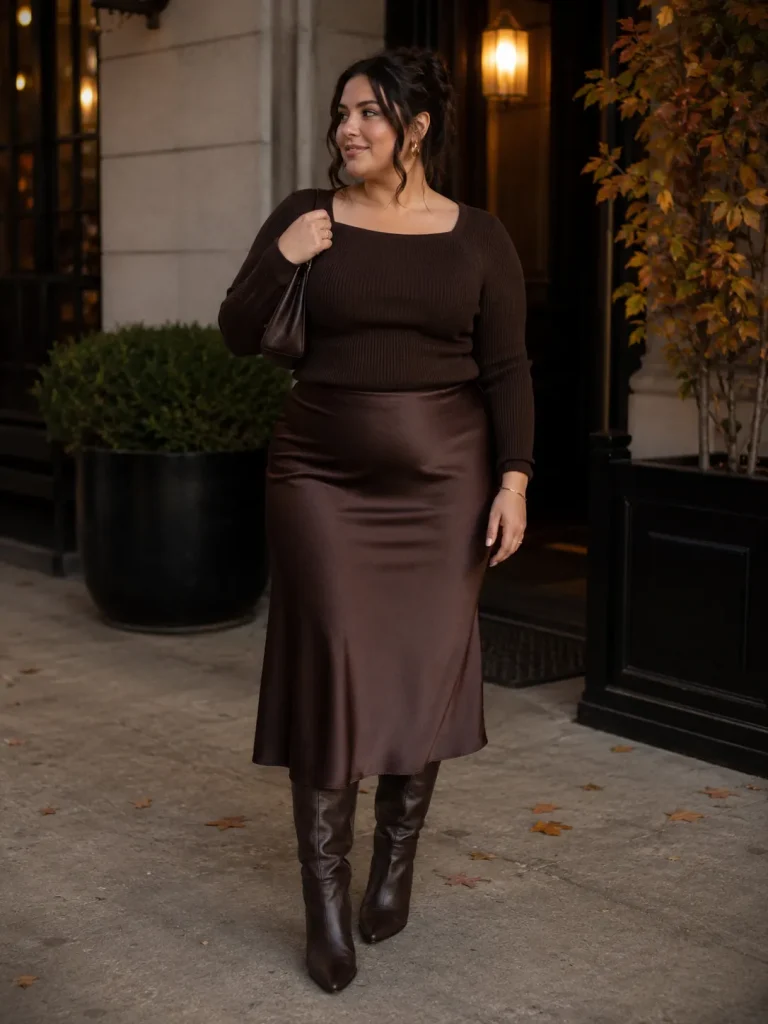 Plus size fall date night outfit with slip skirt, fitted sweater, knee high boots, and shoulder bag.