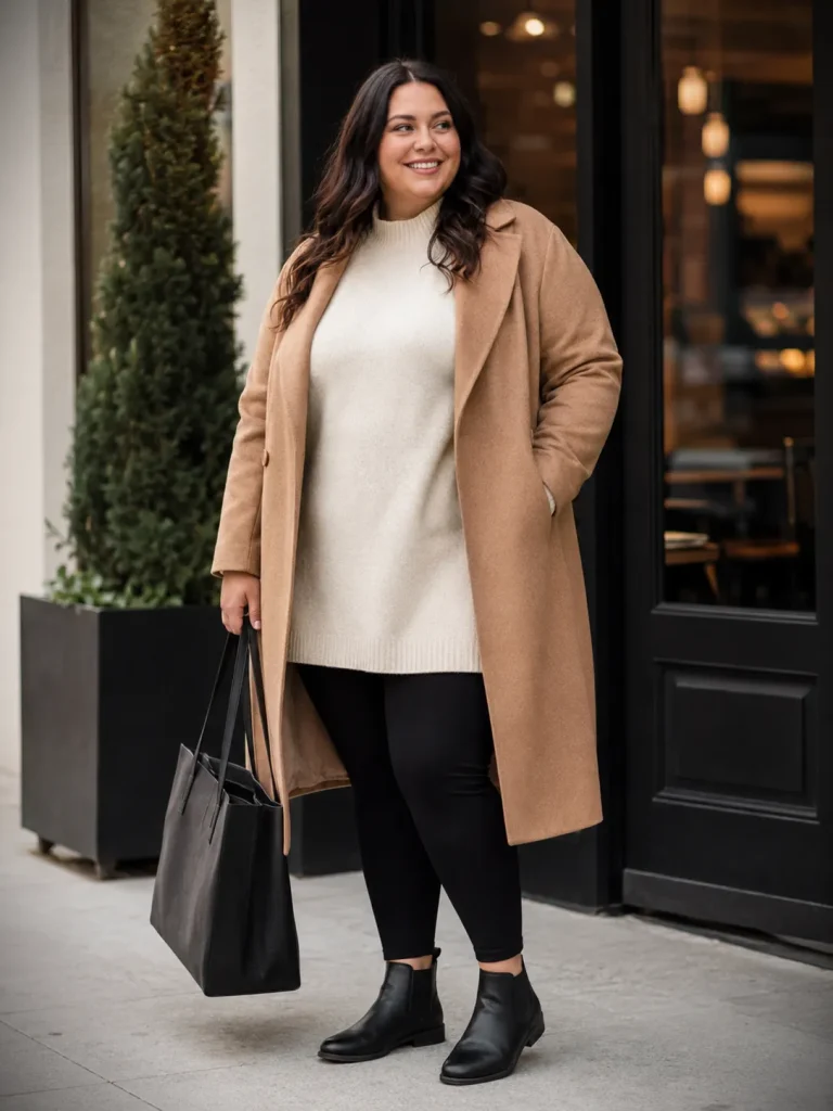 Plus size leggings outfit with black leggings, tunic sweater, long camel coat, Chelsea boots, and tote bag.