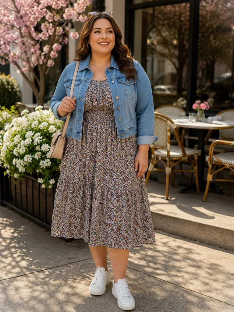 Plus size brunch outfit with printed midi dress, cropped denim jacket, white sneakers, and shoulder bag.