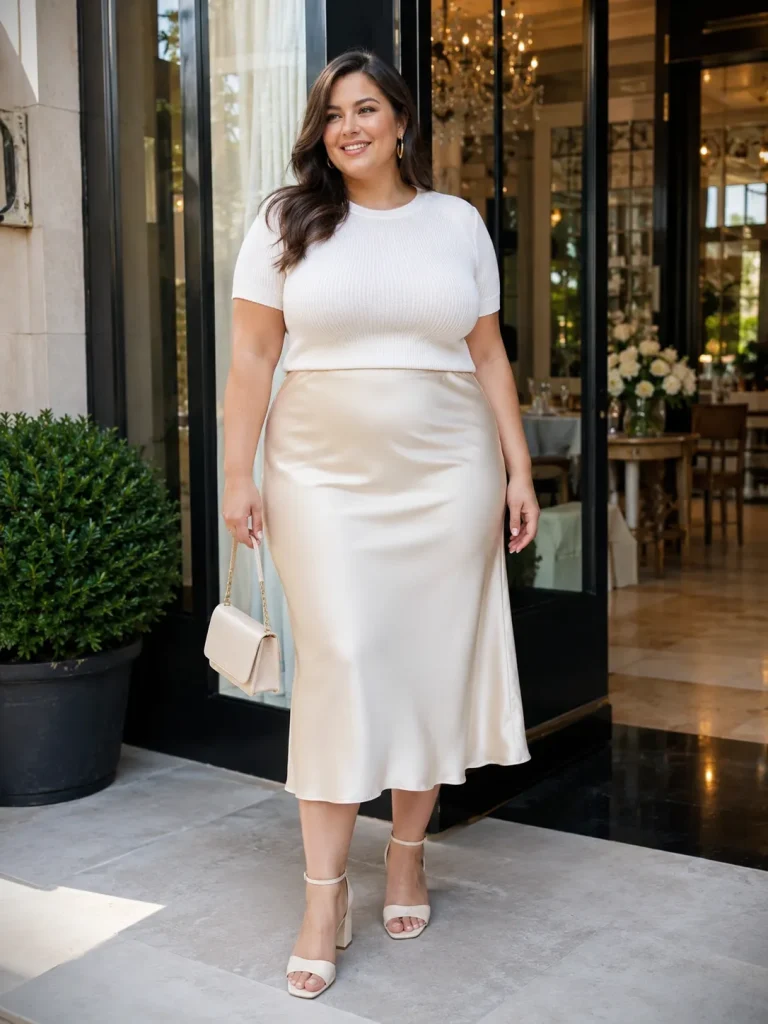 Plus size dressy brunch outfit with satin midi skirt, knit top, block heel sandals, and mini bag.