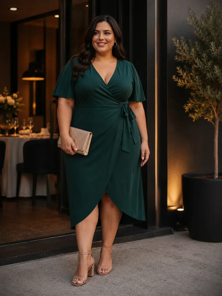 Plus size birthday outfit with wrap dress, block heel sandals, clutch, and hoop earrings.