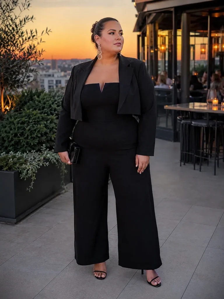 Plus size birthday party outfit with black jumpsuit, cropped jacket, heeled sandals, and statement earrings.