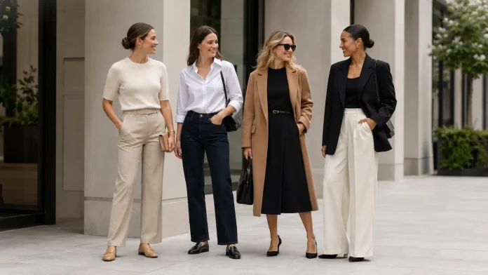four women wearing quiet luxury outfits in a clean city sidewalk for Quiet Luxury Outfit Ideas for Women