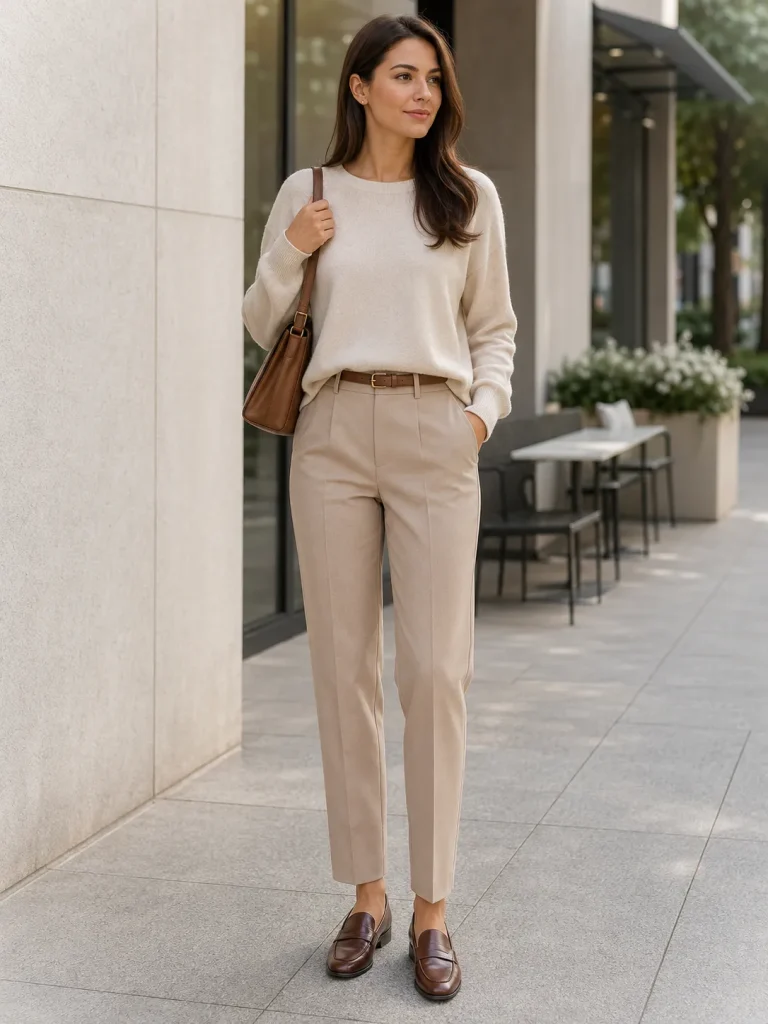 Woman wearing beige tailored trousers, a cream knit top, loafers, and a structured shoulder bag for Quiet Luxury Outfit Ideas for Women