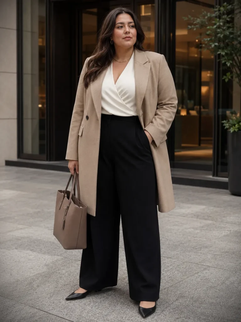 Plus-size woman wearing black wide-leg pants, a cream wrap top, beige blazer, and pointed flats.