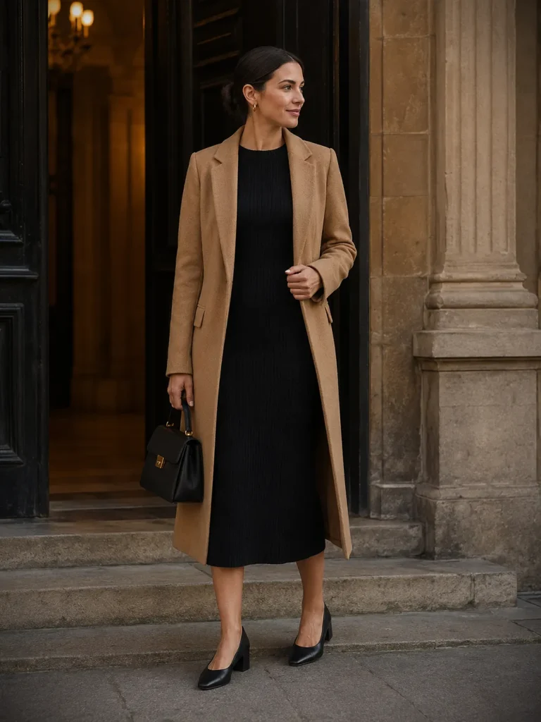 Woman wearing a black knit midi dress, camel coat, low block heels, and a small top-handle bag.