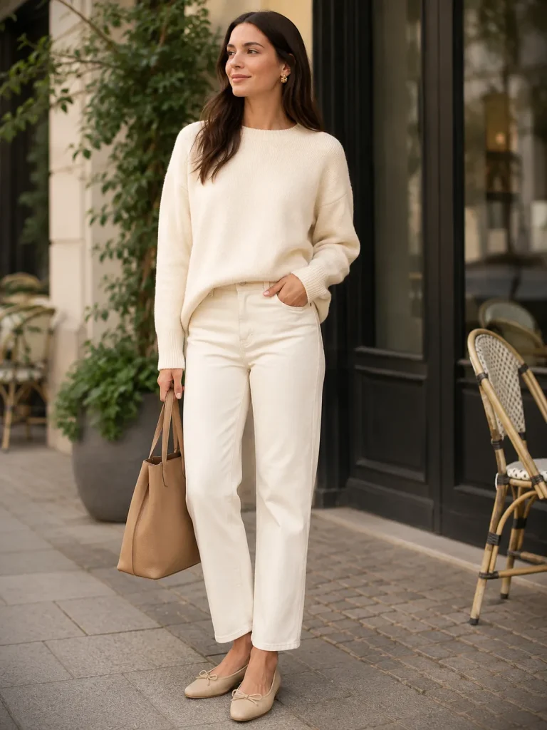 Woman wearing a cream sweater, ivory straight-leg jeans, beige flats, and a tan tote bag.