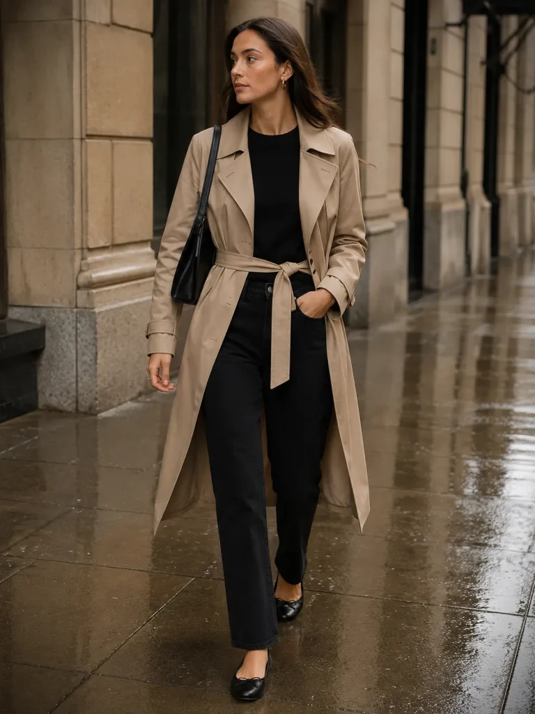 Woman wearing a beige trench coat, black knit top, black jeans, ballet flats, and a shoulder bag.