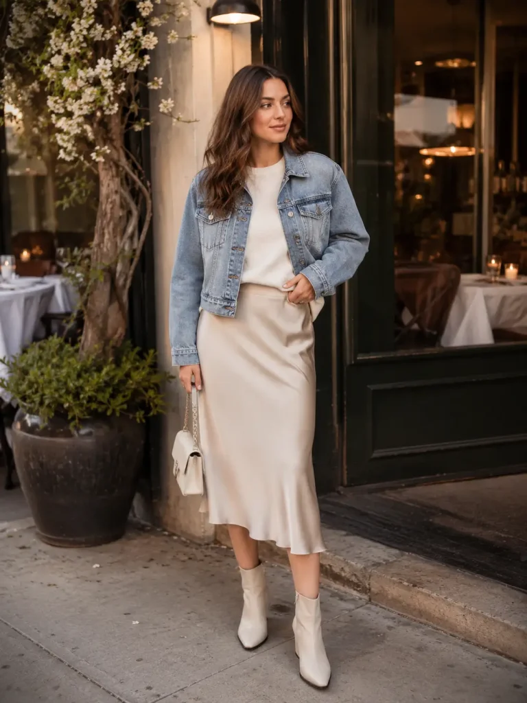 Woman wearing a satin slip skirt, light sweater, cropped denim jacket, ankle boots, and mini bag for spring dinner.