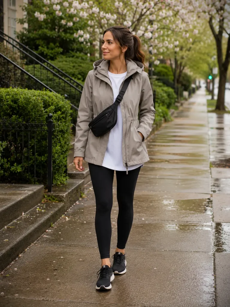 Woman wearing a lightweight rain jacket, long tee, black leggings, waterproof sneakers, and nylon crossbody bag for rainy spring errands.