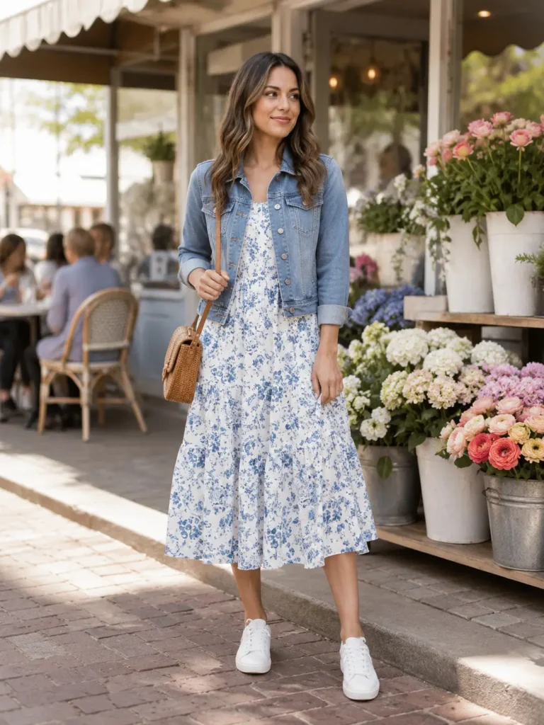 Woman wearing a floral midi dress, cropped denim jacket, white sneakers, and crossbody bag for a spring brunch outfit.
