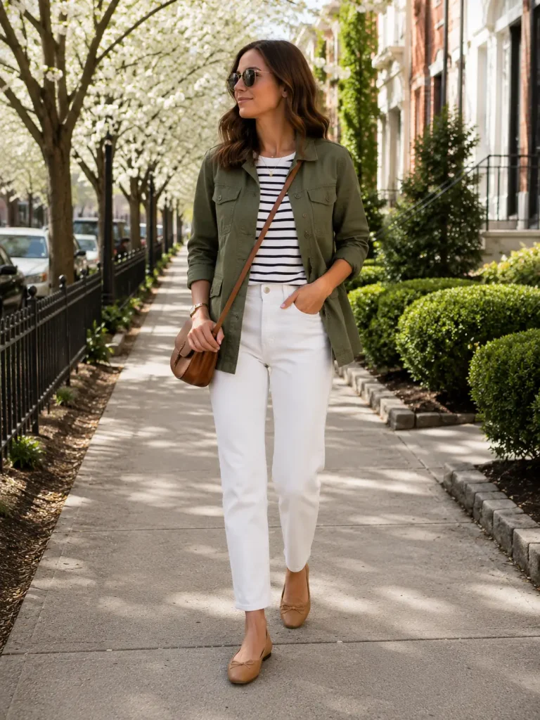 Woman wearing an olive utility jacket, striped tee, white jeans, tan flats, and crossbody bag for spring errands.