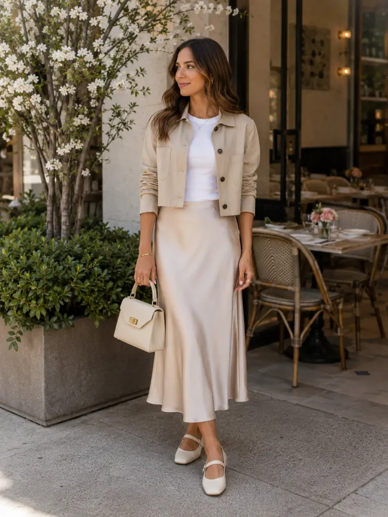 Woman wearing a fitted tee, slip midi skirt, cropped jacket, Mary Jane flats, and top-handle bag for spring.