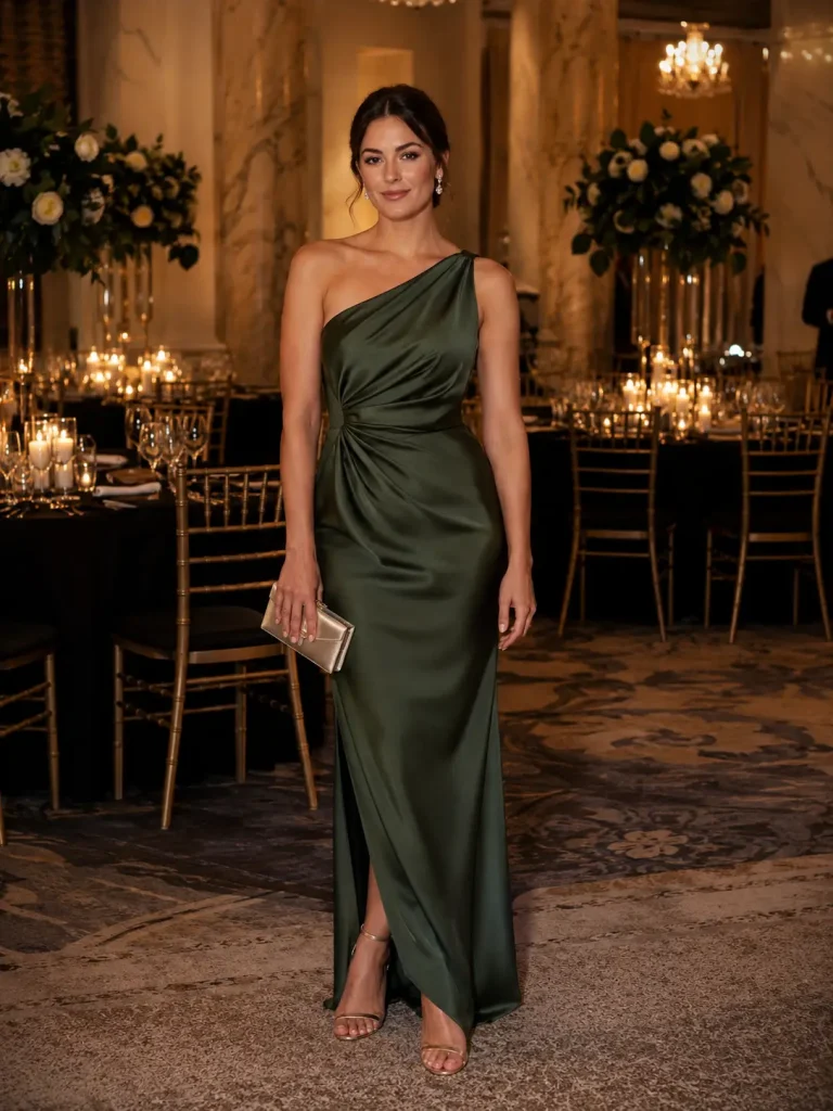 Woman wearing a floor-length gown, metallic heels, clutch, and delicate earrings for a black tie wedding guest outfit Ideas by Dress Code