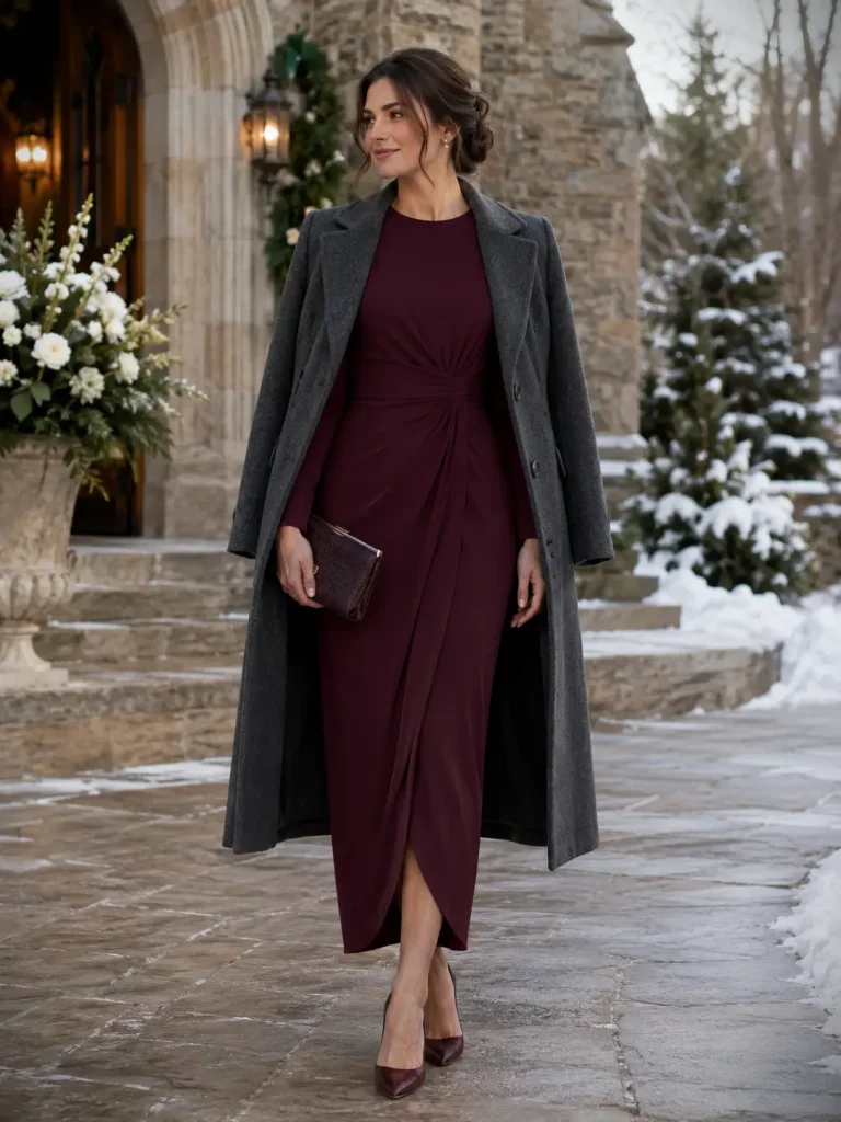 Woman wearing a long-sleeve dress, dress coat, closed-toe heels, and clutch for a cold weather wedding guest outfit.