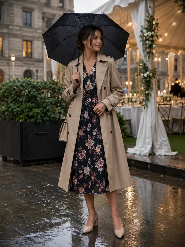 Woman wearing a dark floral midi dress, trench coat, block heels, and compact umbrella for a rainy wedding guest outfit.