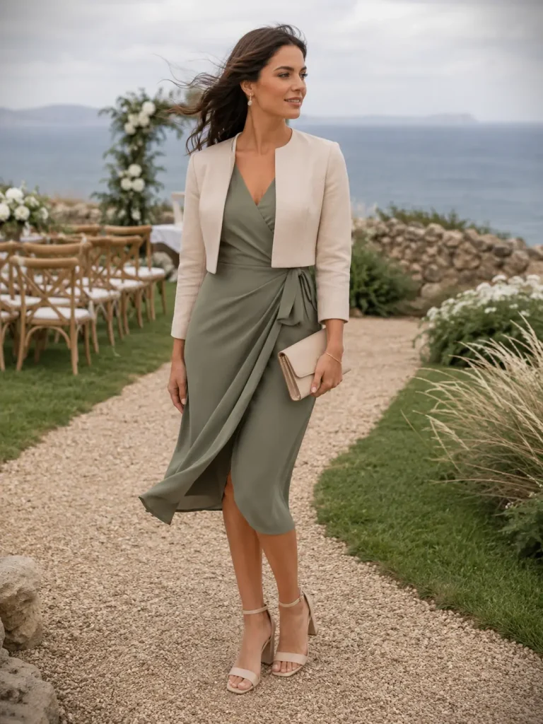 Woman wearing a structured wrap dress, cropped jacket, block heels, and clutch for a windy outdoor wedding guest outfit.