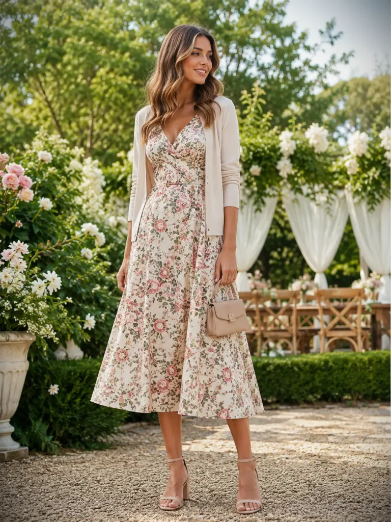 Woman wearing a floral midi dress, block heel sandals, mini bag, and cardigan for a garden wedding guest outfit.