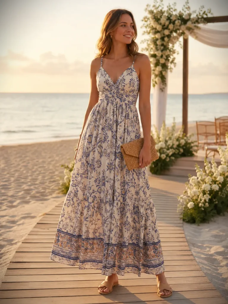 Woman wearing a printed maxi dress, flat sandals, woven clutch, and hoop earrings for a beach wedding guest outfit.