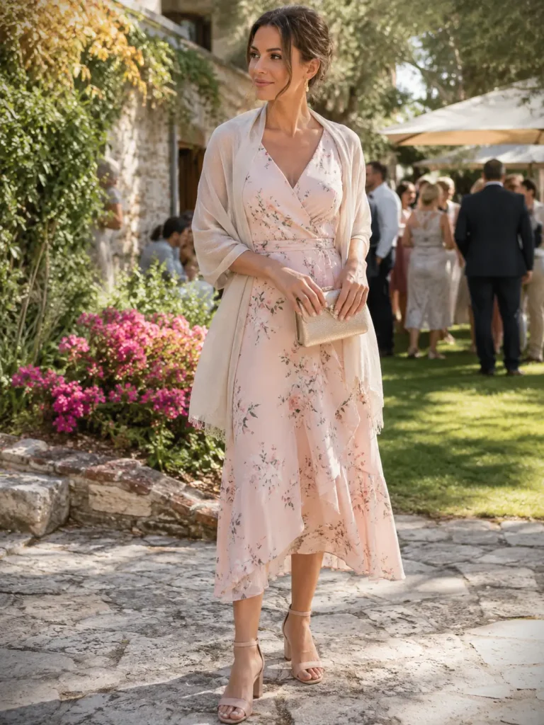 Woman wearing a lightweight midi dress, open-toe block sandals, mini clutch, and wrap for a hot weather wedding guest outfit.
