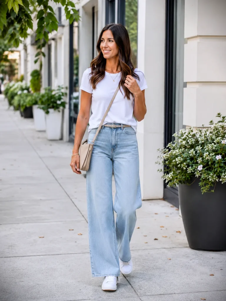  Woman wearing a fitted white tee, light-wash wide-leg jeans, white sneakers, slim belt, and crossbody bag.