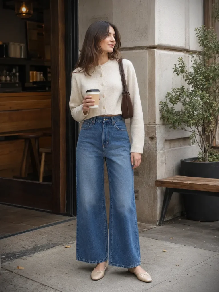 Woman wearing a cropped cardigan, high-rise wide-leg jeans, ballet flats, and a small shoulder bag