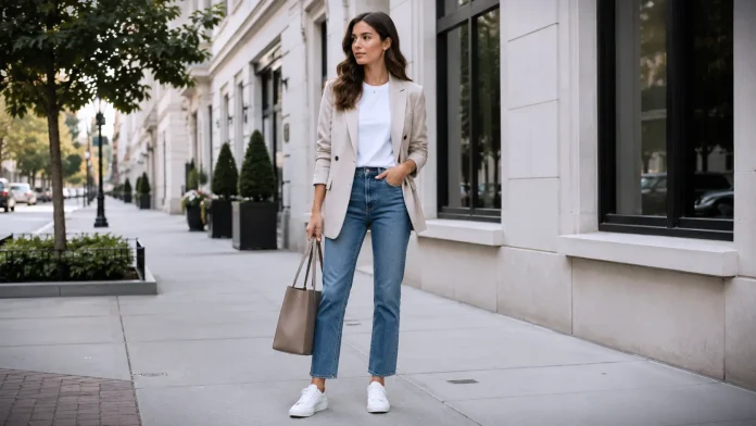 White Sneakers Outfit ideas Women: Woman wearing white sneakers with straight-leg jeans, white tee, neutral blazer, and structured tote