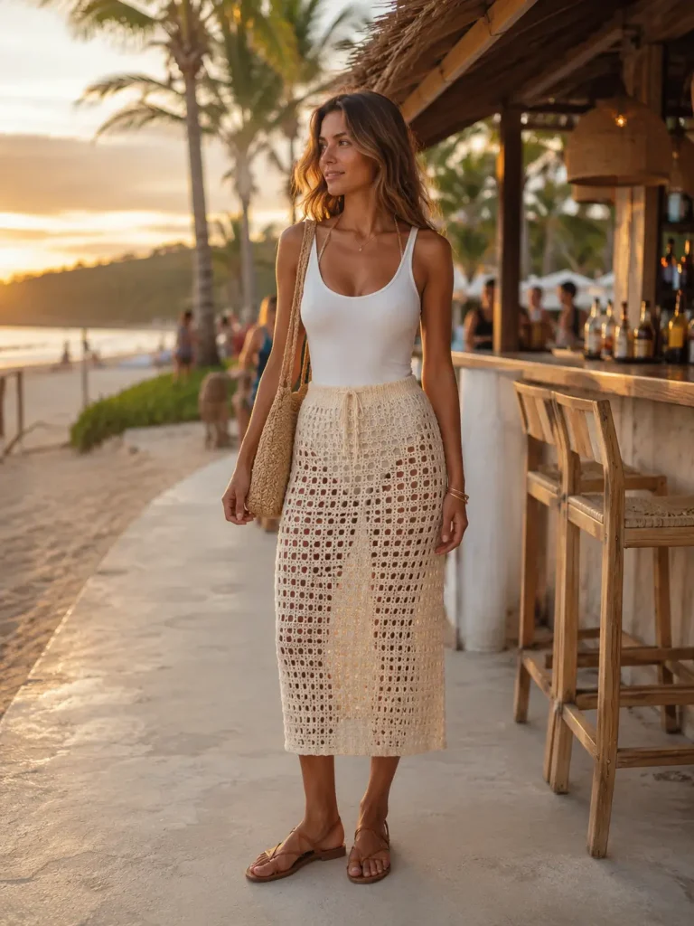 beach outfit ideas,the crochet texture makes the outfit feel beach-ready without looking too plain. A simple tank keeps the look wearable. 