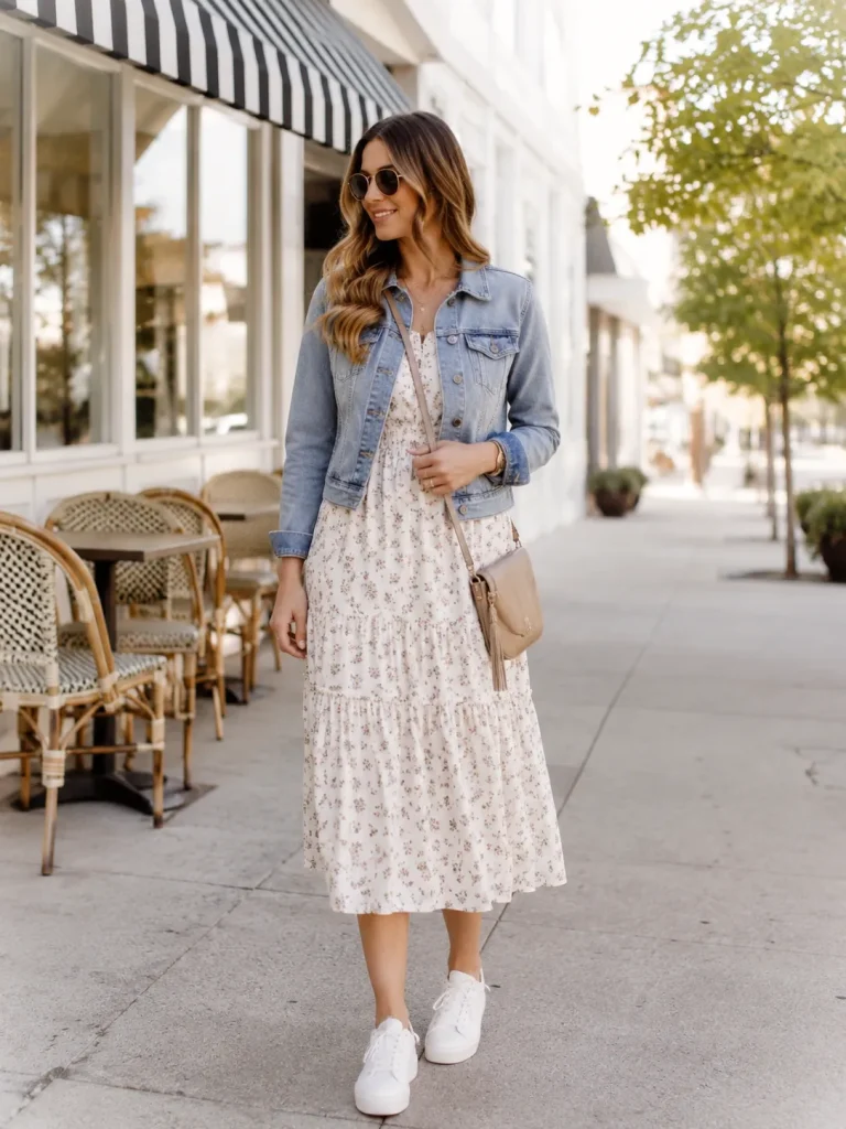 White Sneakers Outfit ideas Women: Woman wearing a midi dress, cropped denim jacket, white sneakers, and crossbody bag.