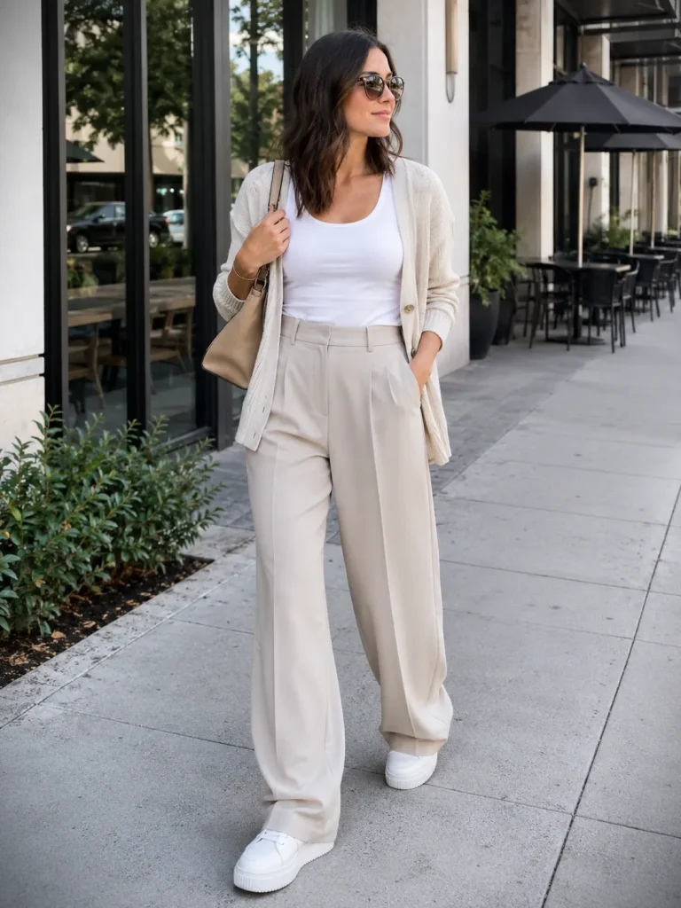 White Sneakers Outfit ideas Women: Woman wearing wide-leg trousers, fitted tank, cardigan, platform white sneakers, and shoulder bag.