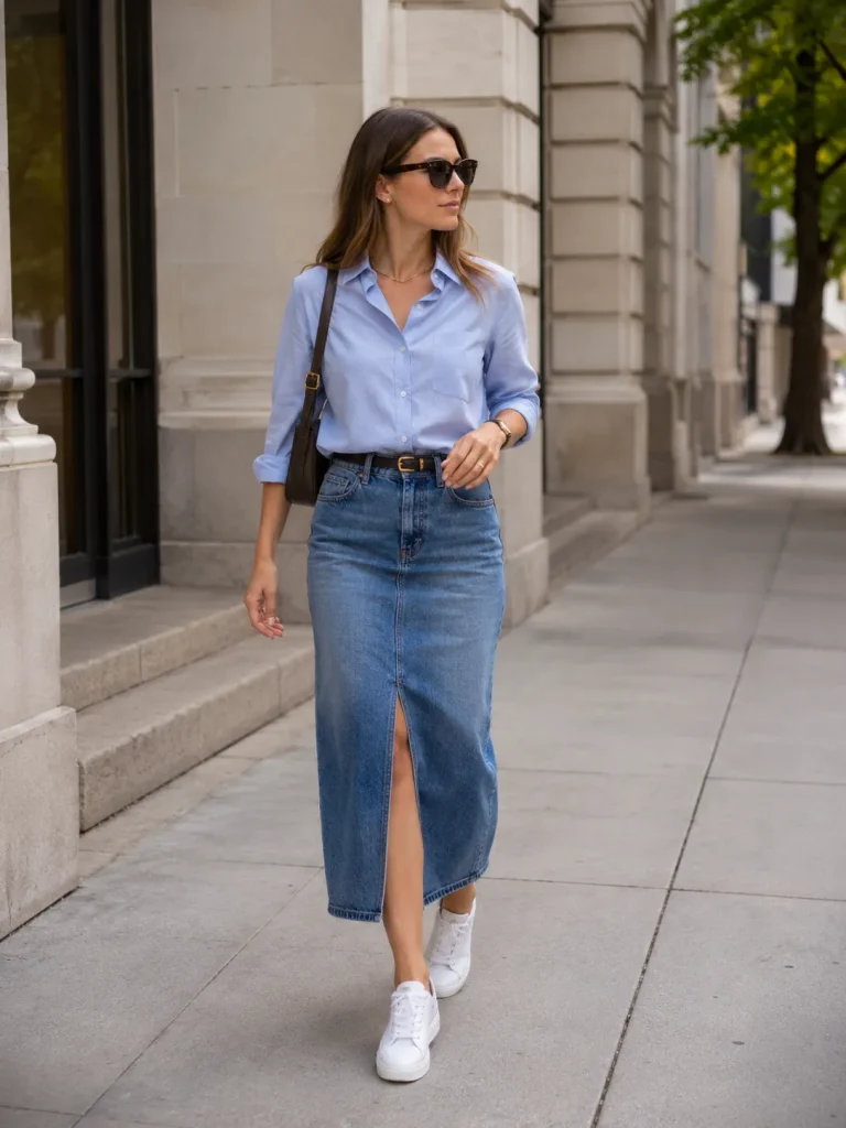 White Sneakers Outfit ideas Women: Woman wearing a denim midi skirt, button-down shirt, belt, white sneakers, and shoulder bag.