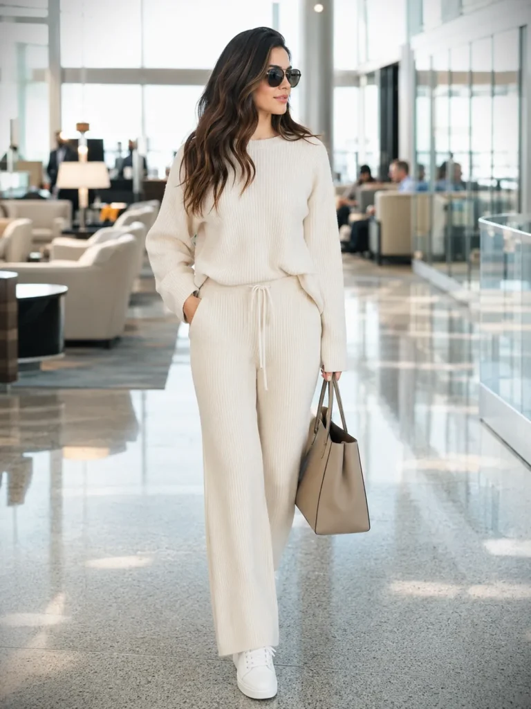 White Sneakers Outfit ideas Women: Woman wearing a matching cream knit set, white sneakers, structured tote, and sunglasses.