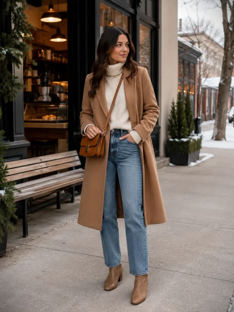 Woman wearing a camel wool coat, cream turtleneck, straight-leg jeans, and ankle boots for Winter Outfit Ideas for Women