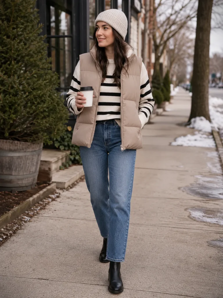 Woman wearing a neutral puffer vest, striped sweater, straight-leg jeans, and Chelsea boots.