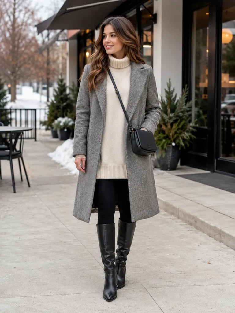 Woman wearing a long tunic sweater, black leggings, tall boots, and wool coat.