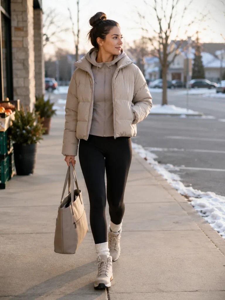 Woman wearing a short puffer jacket, black leggings, winter sneakers, and a zip tote for title of Winter Outfit Ideas for Women