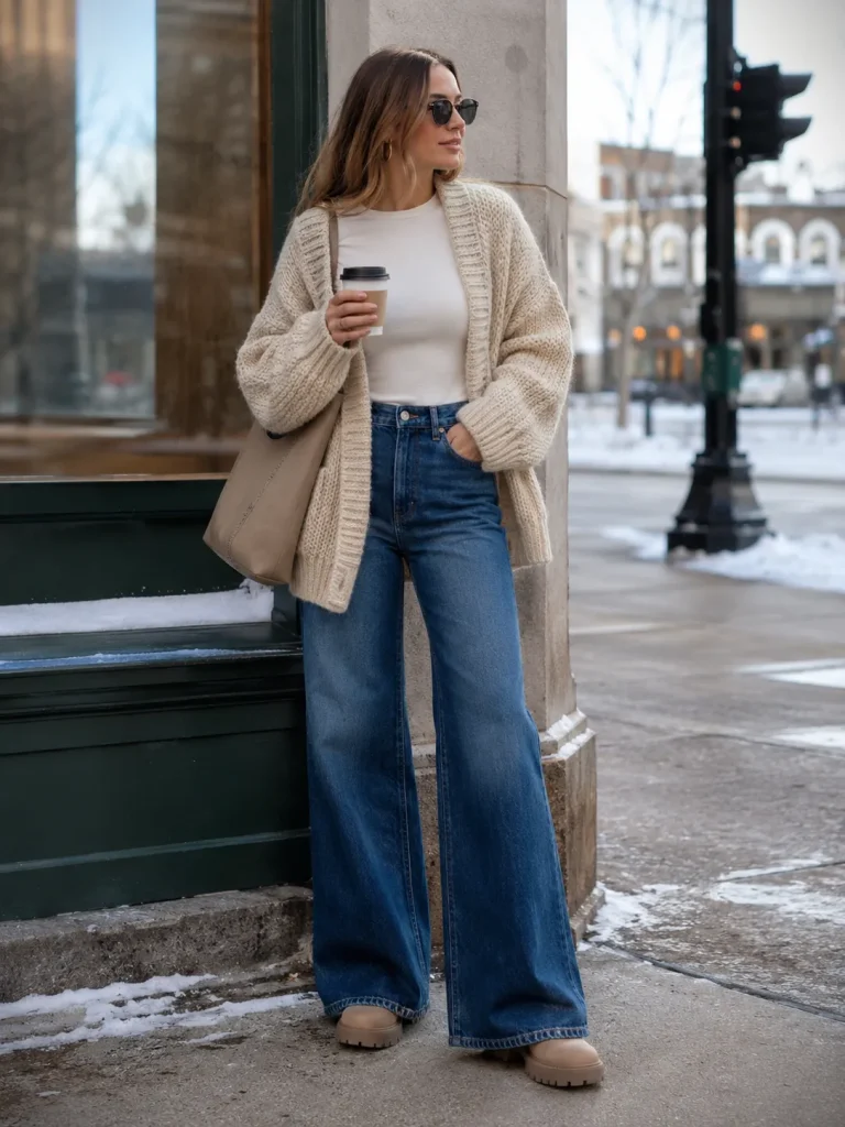 Woman wearing a chunky cardigan, fitted tee, wide-leg jeans, lug sole boots, and tote.
