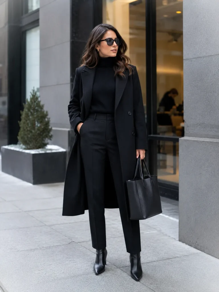 Woman wearing a black turtleneck, tailored trousers, wool coat, and pointed ankle boots.