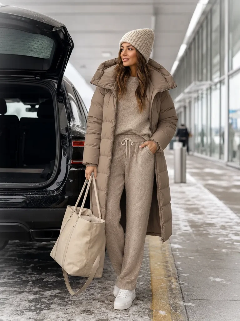 Woman wearing a matching knit set, long puffer coat, clean sneakers, and carry-on tote.