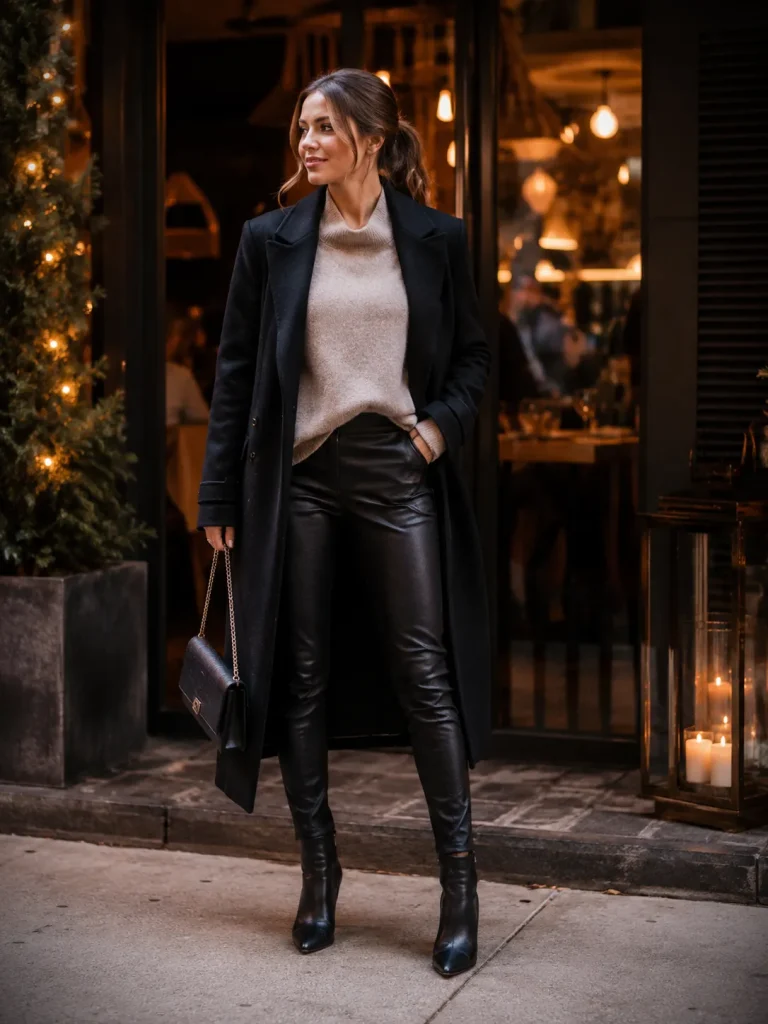 Woman wearing black leather-look pants, an oversized sweater, heeled boots, and a long coat