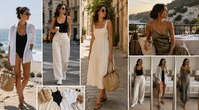 12 Vacation Outfit Ideas Women for Beach, City, and Dinner Plans women’s vacation outfit ideas with linen pants, sundress, swimsuit, sneakers, sandals, and woven bags