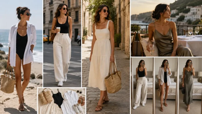 women’s vacation outfit ideas with linen pants, sundress, swimsuit, sneakers, sandals, and woven bags