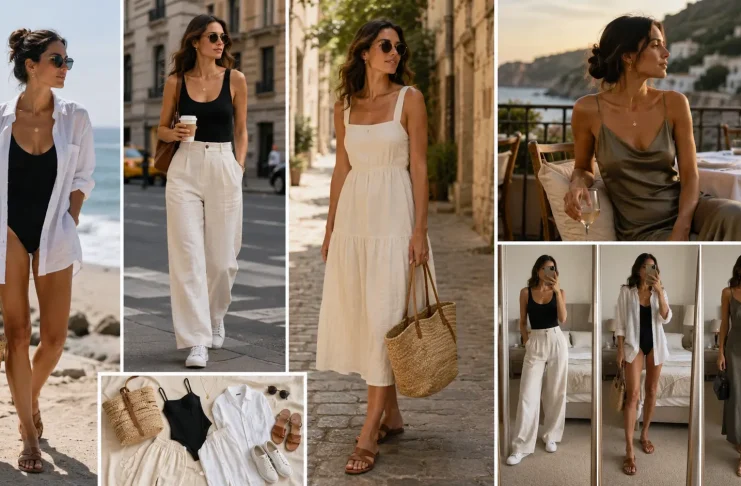 women’s vacation outfit ideas with linen pants, sundress, swimsuit, sneakers, sandals, and woven bags