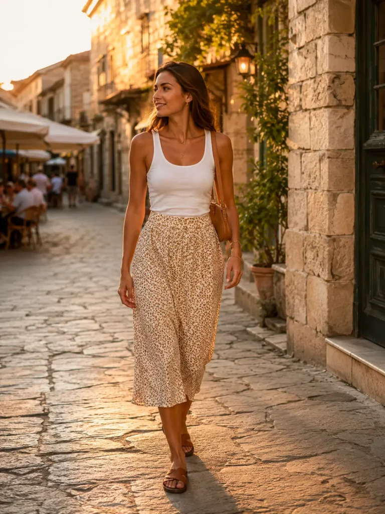 City Vacation Outfit Ideas, the skirt moves well and feels dressier than shorts without being uncomfortable.