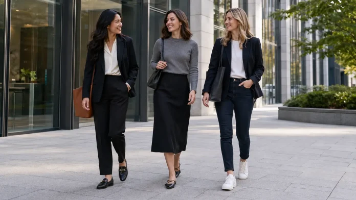 The best work outfit ideas for women are built around polished basics you can rewear: blazers, trousers, button-down shirts, knit tops, midi skirts, loafers, flats, and clean sneakers if your office allows them. For hybrid days, choose outfits that look professional on video calls but still feel comfortable for commuting, desk work, and after-work errands.