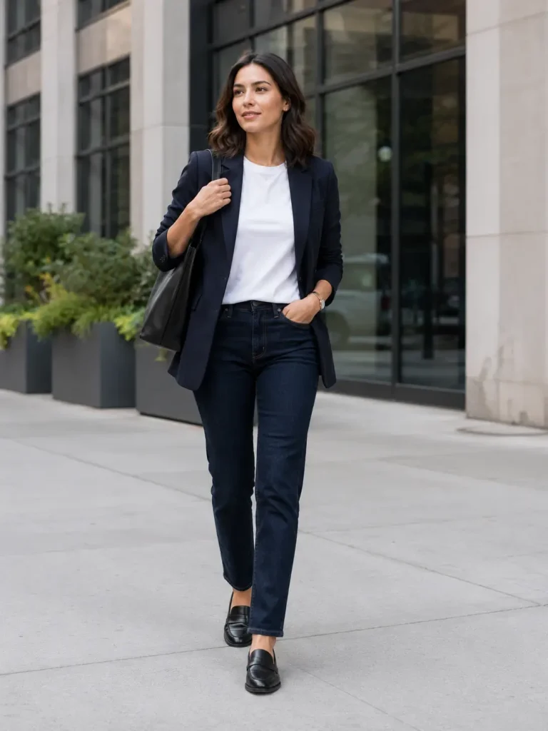 Work Outfit Ideas for Women, dark denim looks cleaner than light or distressed jeans. The blazer makes the outfit feel intentional.
