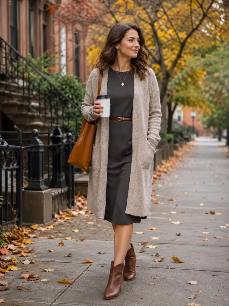 Work Outfit Ideas for Women, a one-piece dress saves time. The cardigan adds warmth without making the outfit look too formal.